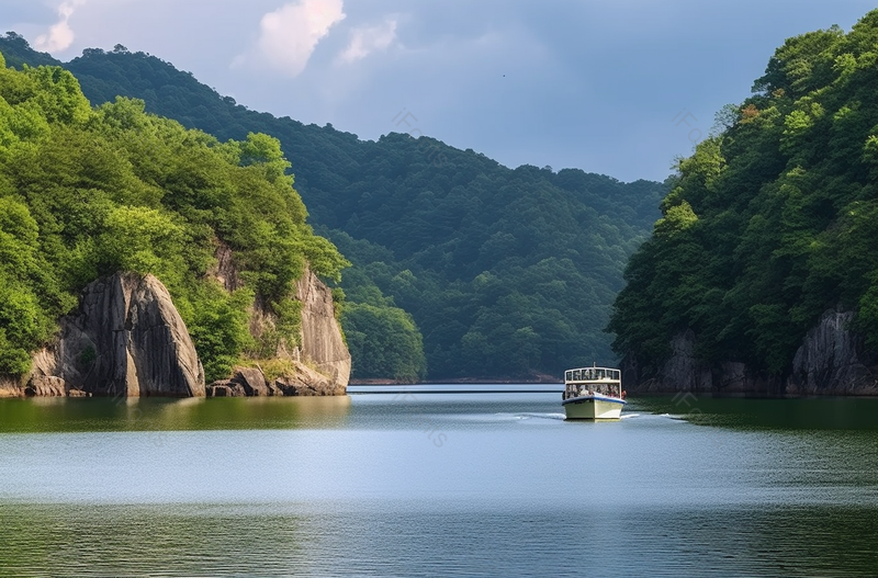 中国福建省龙岩市连城县冠豸山石门湖游玩的船只行驶在绿色的湖面面图像摄影,高清,摄影图,摄影图片,图片大全,摄影图免费下载